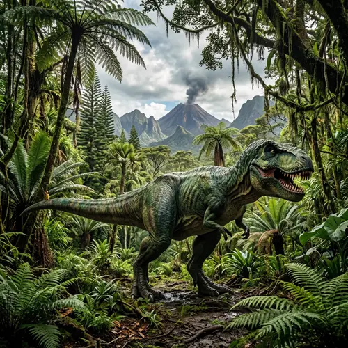 Detailed T-Rex Dinosaur Roaming in Lush Prehistoric Jungle