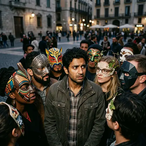 Intriguing Scene of Masked Individuals - Curious Tension in Crowd