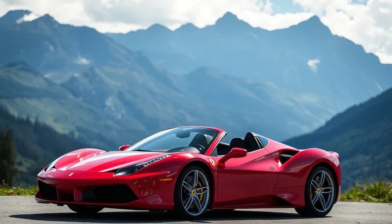 Red Ferrari Sports Car in Scenic Mountains Red Ferrari Sports Car in Scenic Mountains