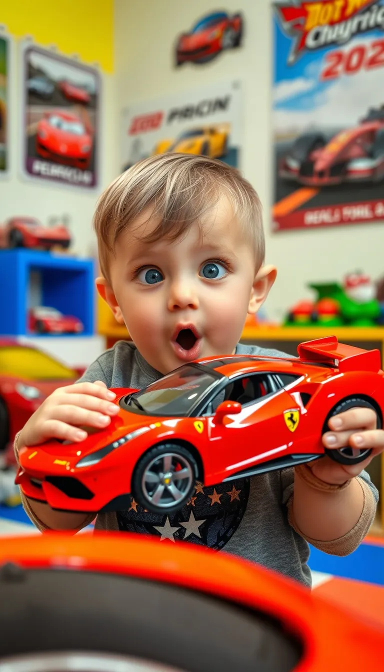 Young Boy Surprised with Toy Ferrari in Playful Room Young Boy Surprised with Toy Ferrari in Playful Room