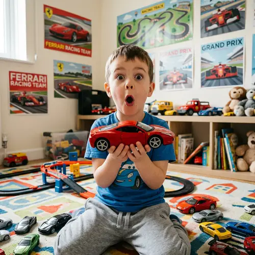 Young Boy Surprised with Toy Ferrari in Playful Room