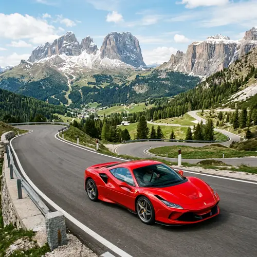 Red Ferrari Sports Car in Scenic Mountains