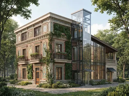 Eclectic Café Facade Design with Modern Glass Elevator