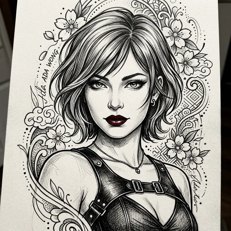 Ada Wong Tattoo Sketch - Black & White Design Ada Wong Tattoo Sketch - Black & White Design