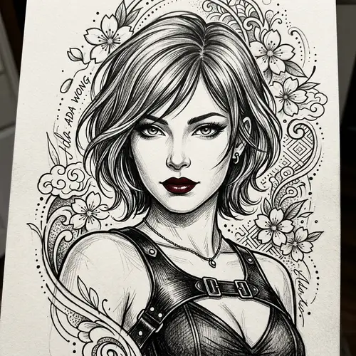 Ada Wong Tattoo Sketch - Black & White Design