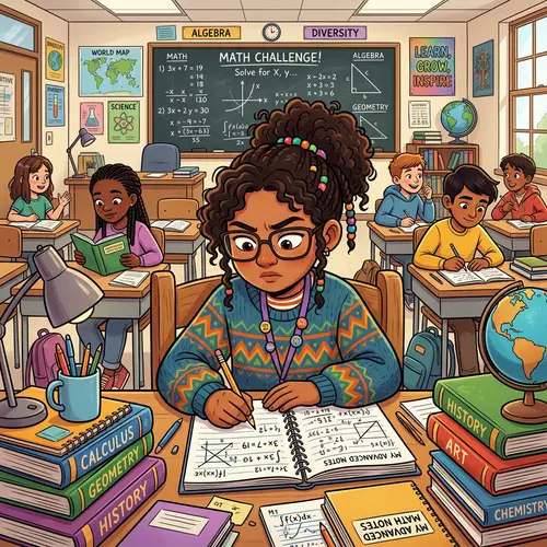 Diverse Student Cartoon Character at Desk Solving Math Problem | Educational Web