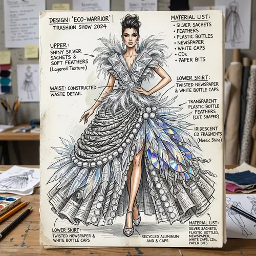 Trashion Show Dress Design: Sachets, Feathers, Newspaper, Bottle Caps