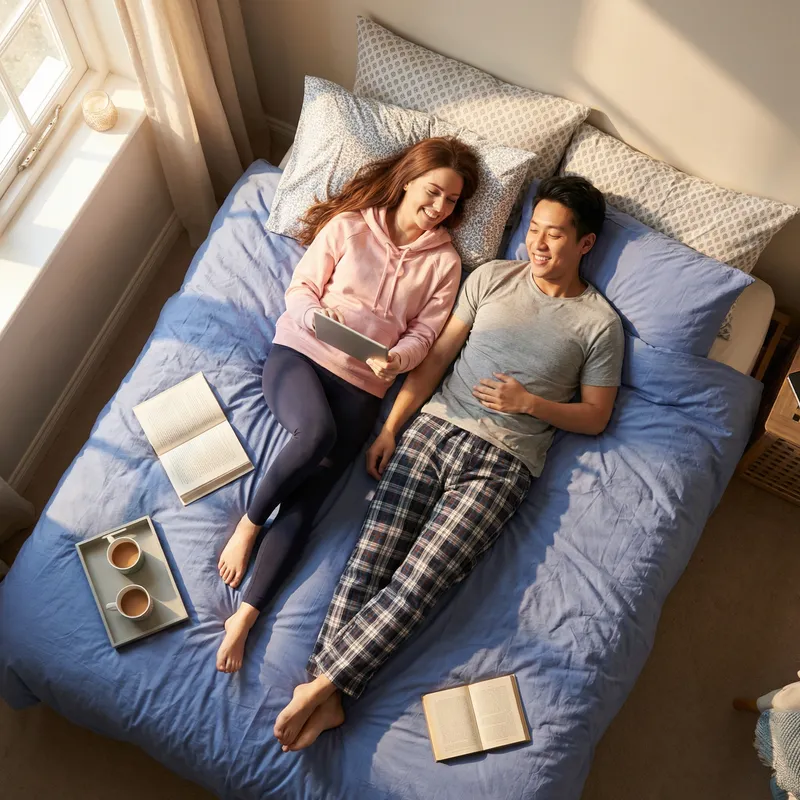 Young Couple Enjoying Cozy Time on Bed