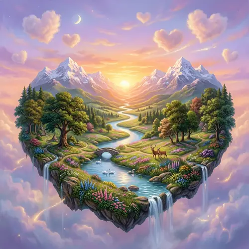 Dreamy Heart-Shaped World: Serene Landscape of Love