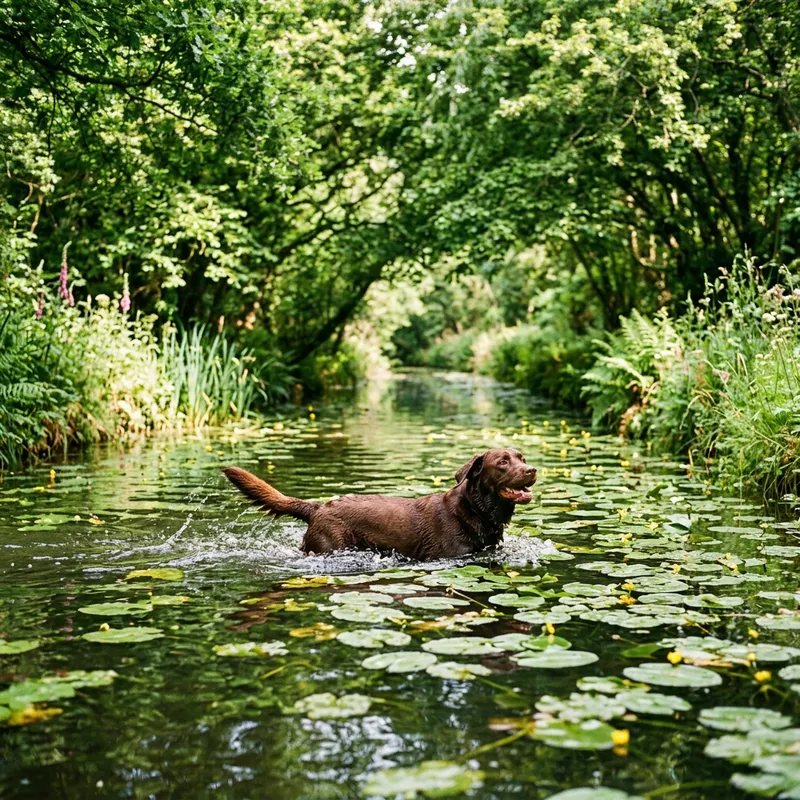 Brown Labrador Swimming in Serene Lily Pad Canal Scene