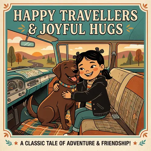 Animated Poster of Girl with Labrador in Vintage Car