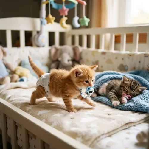 Newborn Kitten in Crib | Cute Baby Cat in Diapers