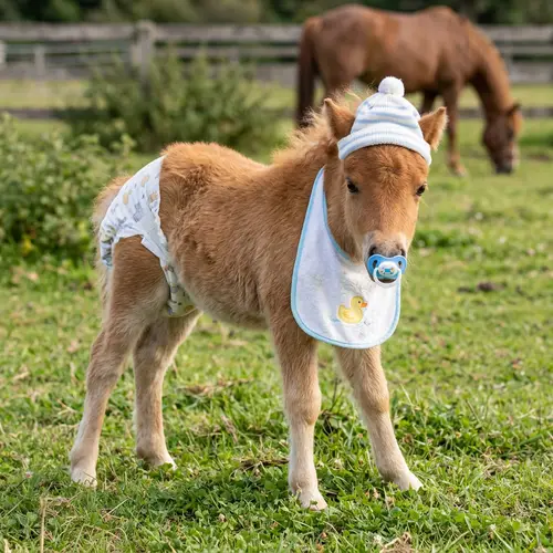 Adorable Baby Pony Wearing Diaper and Bib | Cute Little Hat
