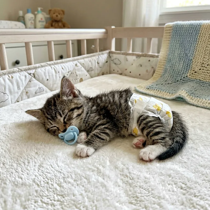Cute Baby Kitten Sleeping in Crib with Diapers and Pacifier