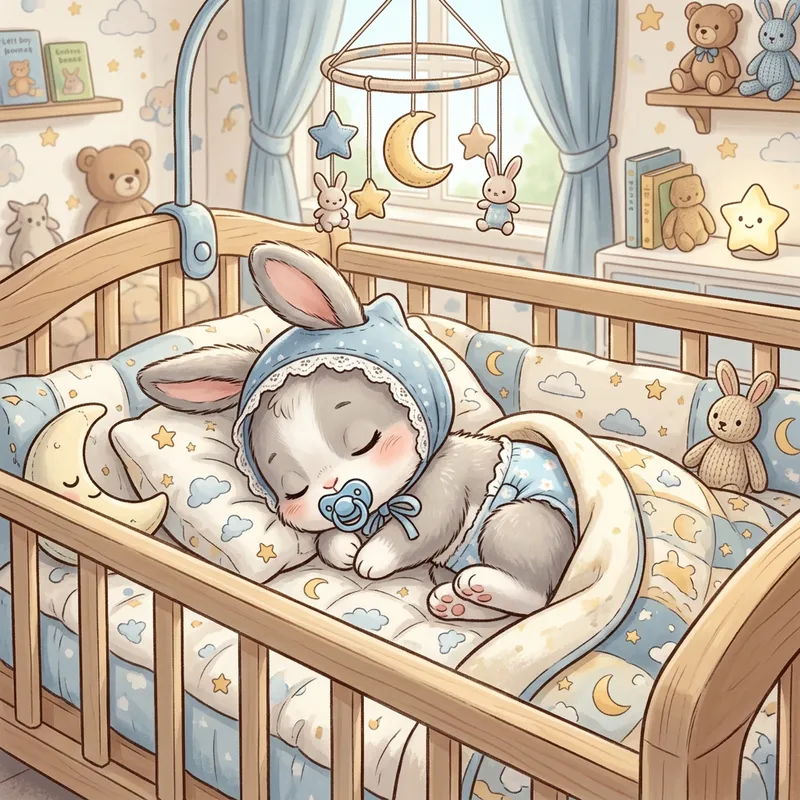 Cute Baby Bunny Sleeping in Crib, One-Month-Old