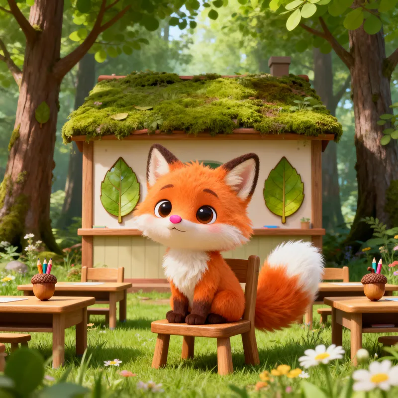 Cute Cartoon Fox at School in the Forest