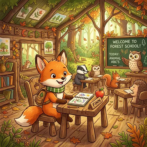 Cute Cartoon Fox at School in the Forest