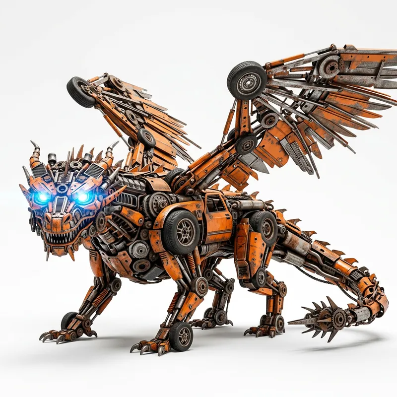 Realistic Orange Dragon Car Parts with Glowing Blue Eyes