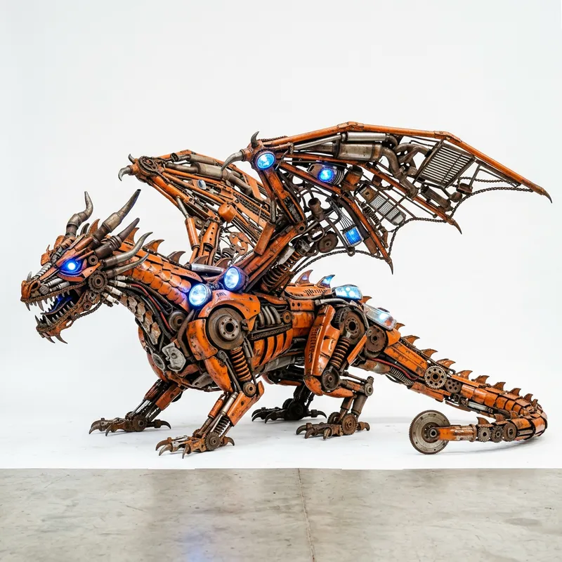 Photorealistic Orange Dragon Sculpture from Car Parts