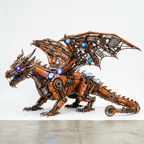 Intricately Designed Orange Dragon Made from Car Parts