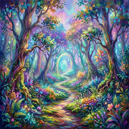 Mystical Forest with Hidden Path: Vibrant Impressionistic Painting