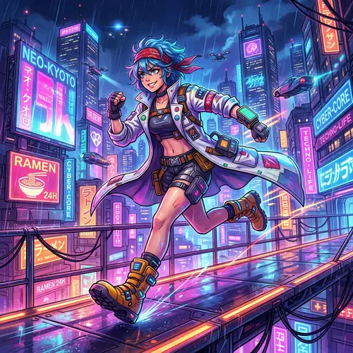 Futuristic Sci-Fi Scene with Iconic Character Bulma in Vibrant Cyberpunk Aesthetics