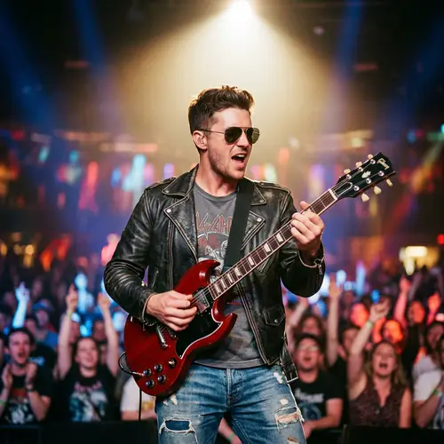 Stylish Guitarist on Brightly Lit Stage | Impressive Performance