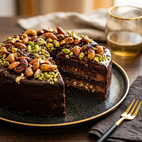 Luxurious Chocolate Cake with Nuts and Textures