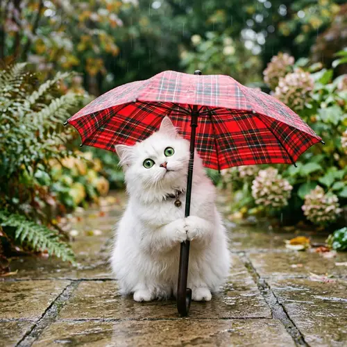 Adorable White Cat with Red and Black Umbrella
