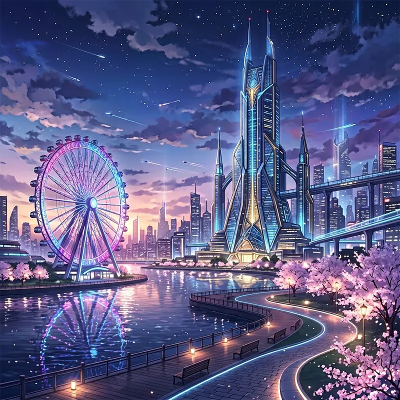 Romantic Futuristic Anime Landscape with Skyscraper & Ferris Wheel