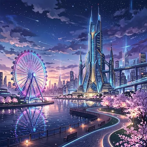 Romantic Futuristic Anime Landscape with Skyscraper & Ferris Wheel