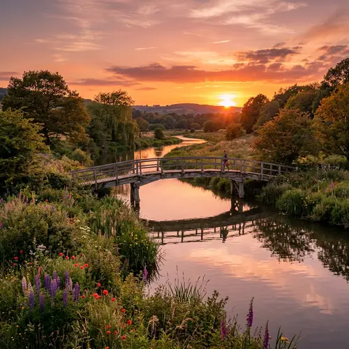 Tranquil Sunset Landscape with Old Wooden Bridge and River