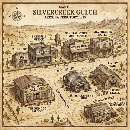 Detailed Wild West Town Map with 8 Buildings