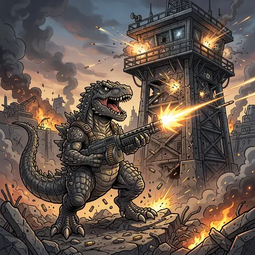 Godzilla in cartoon style with a machine gun in his hands shoots at MAG