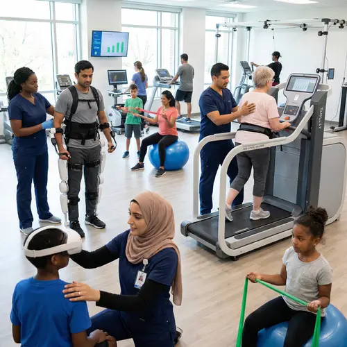 Modern Physical Therapy Room with Skilled Therapists & Diverse Patients