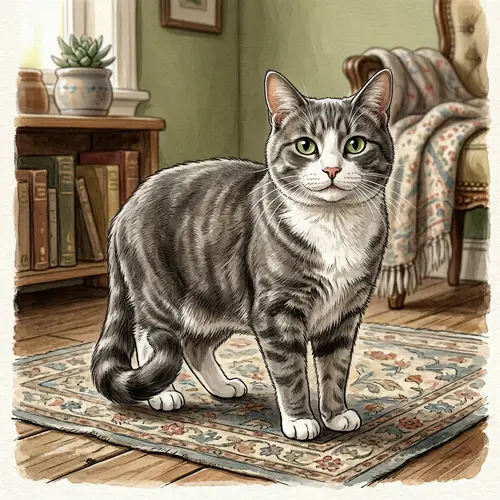 Detailed Illustration of a Grey and White Cat