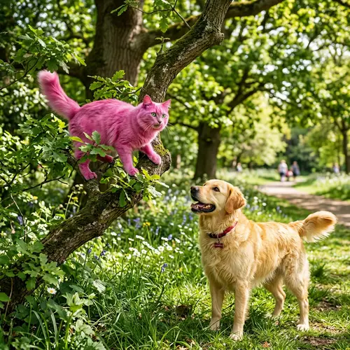 Pink Cat and Yellow Dog: A Playful Scene