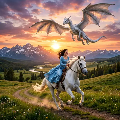Brunette Girl on White Horse with Dragon