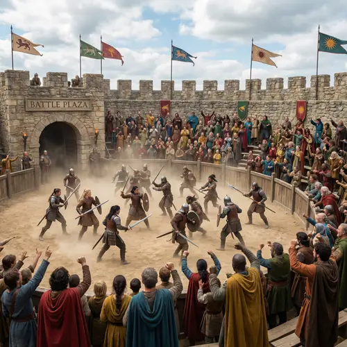 Battle Plaza Warriors in Combat with Audience - Epic Scene