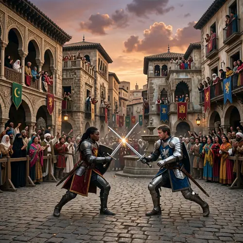 Medieval Sword Combat in Bustling Plaza - Dramatic Display