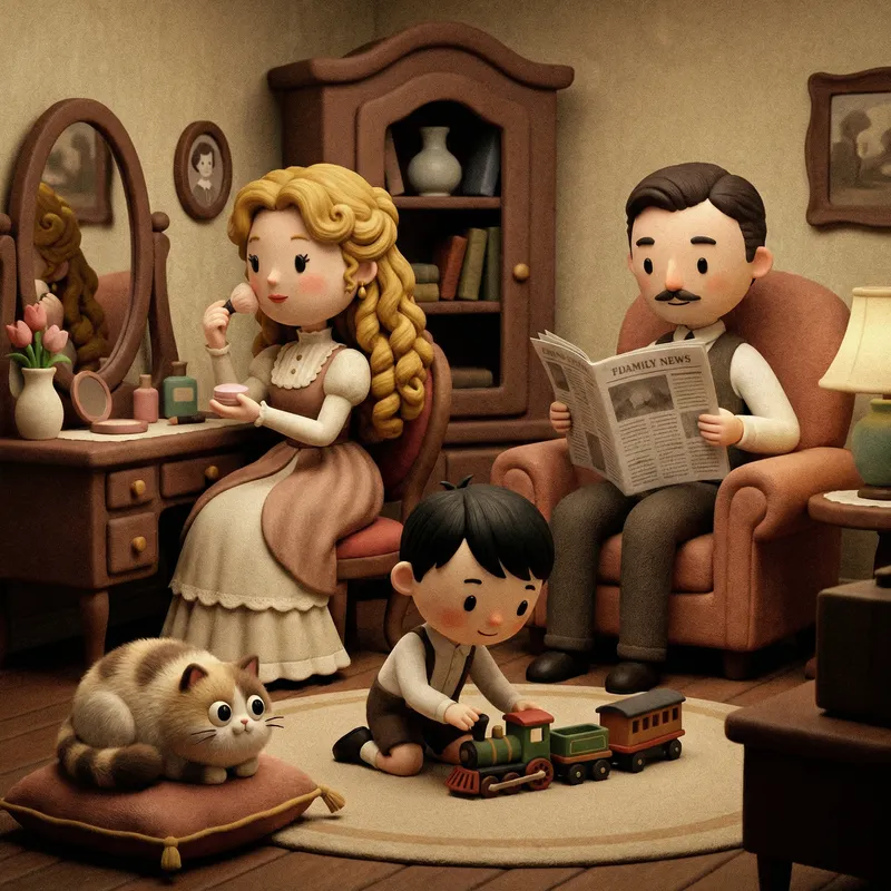 Charming 3D Family Illustration - Vintage Animation Style