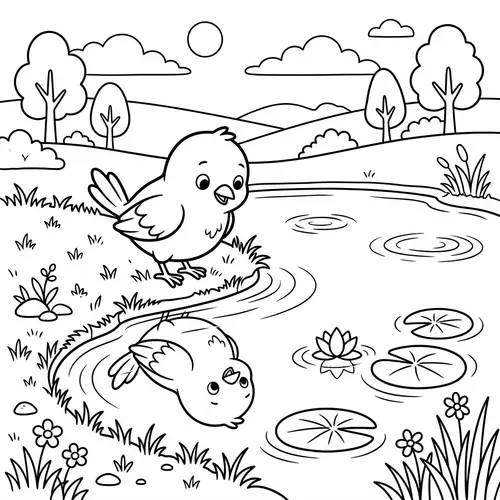 Coloring Page: Cartoon Bird by a Pond
