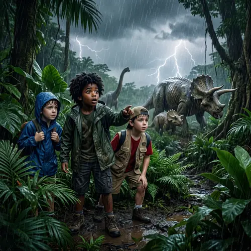 Three Boys in a Jungle with Dinosaurs
