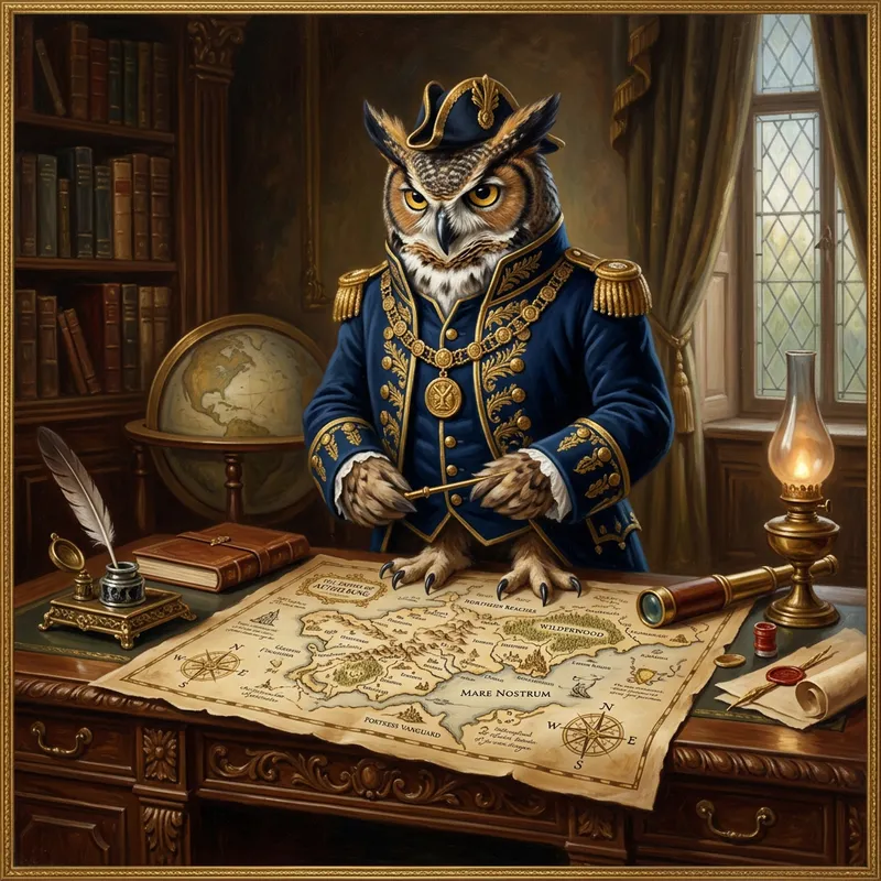 Distinguished Owl in Royal Navy Attire Studying Intricate Map