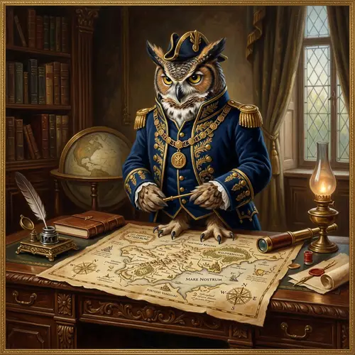 Regal Owl Studying Map in Elegant Navy Attire