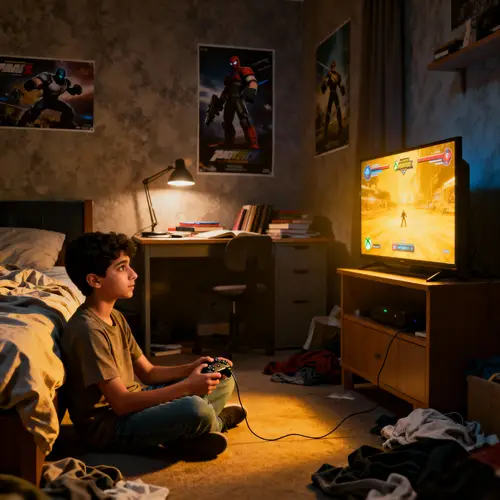 Teenage Gamer in Dimly Lit Bedroom