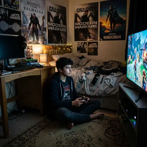 Teenage Gamer in Dimly Lit Bedroom