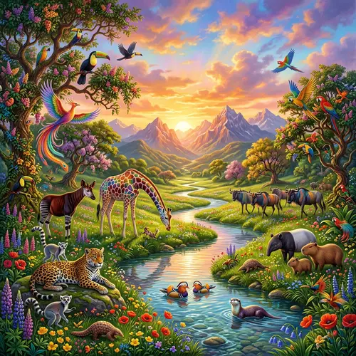 Whimsical Animals in Lush Green Meadow | Nature's Paradise