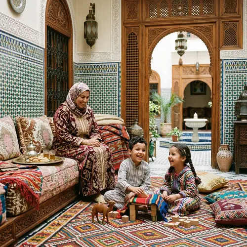 Joyful Mother with Kids in Moroccan Home