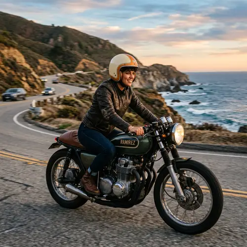 28-Year-Old Hispanic Attorney on Café Racer Motorcycle